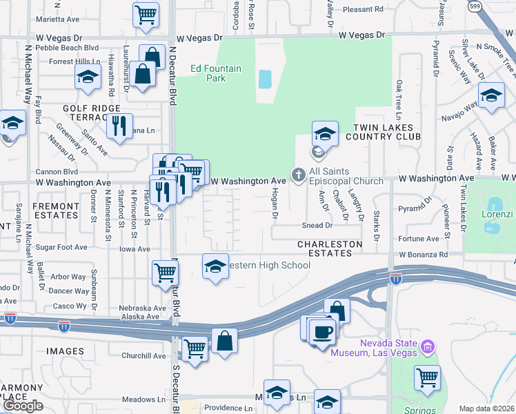 map of restaurants, bars, coffee shops, grocery stores, and more near 4416 Saint Andrews Circle in Las Vegas