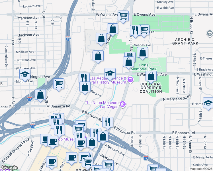 map of restaurants, bars, coffee shops, grocery stores, and more near 910 Melrose Drive in Las Vegas