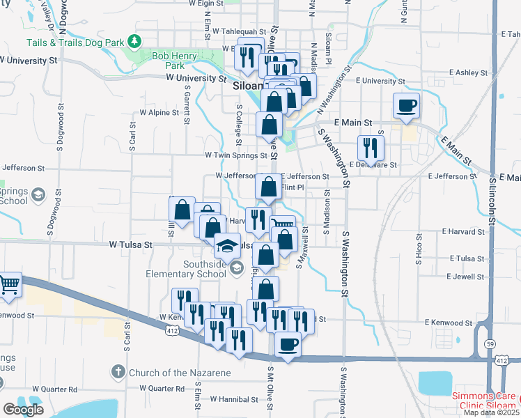 map of restaurants, bars, coffee shops, grocery stores, and more near 611 South Wright Street in Siloam Springs