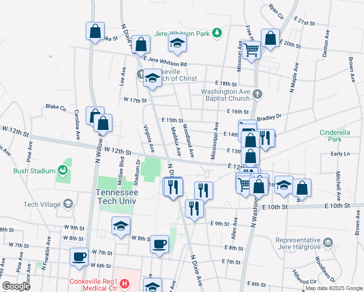 map of restaurants, bars, coffee shops, grocery stores, and more near 205 East 13th Street in Cookeville