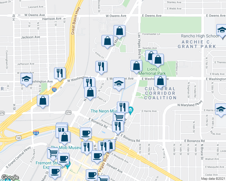 map of restaurants, bars, coffee shops, grocery stores, and more near 910 Melrose Drive in Las Vegas