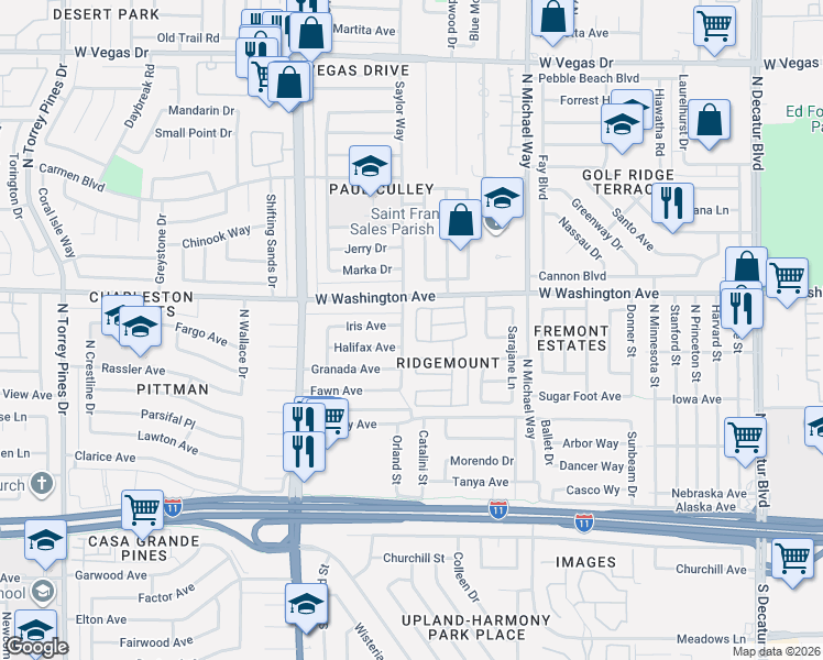 map of restaurants, bars, coffee shops, grocery stores, and more near 801 Westview Drive in Las Vegas