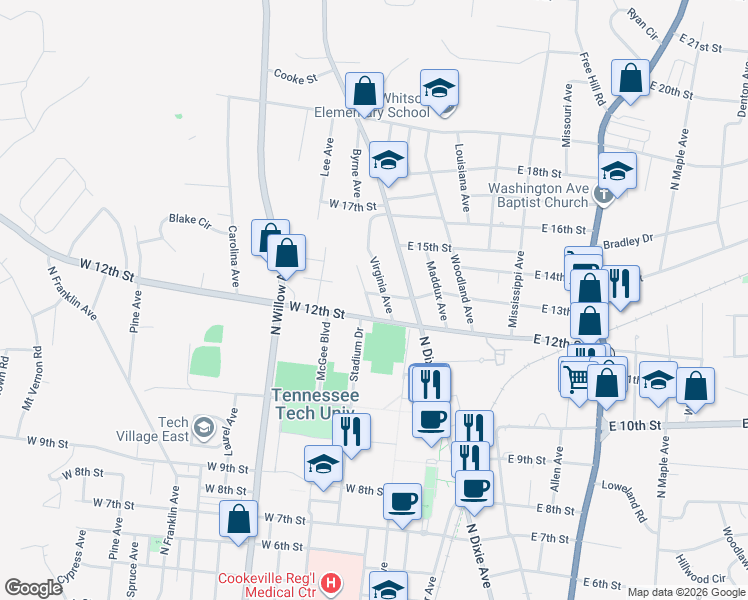map of restaurants, bars, coffee shops, grocery stores, and more near 41 West 13th Street in Cookeville