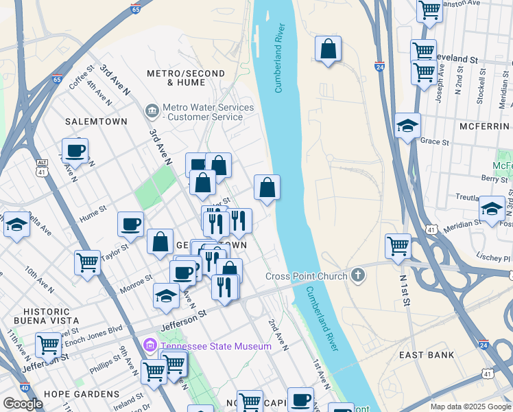 map of restaurants, bars, coffee shops, grocery stores, and more near 1317 Adams Street in Nashville