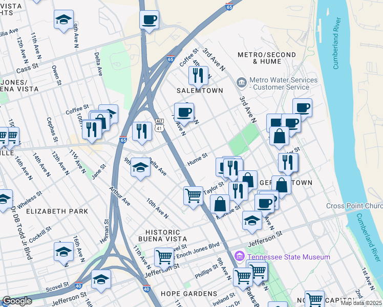 map of restaurants, bars, coffee shops, grocery stores, and more near 1607 7th Avenue North in Nashville