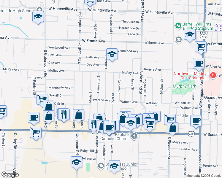 map of restaurants, bars, coffee shops, grocery stores, and more near 504 Dyer Street in Springdale