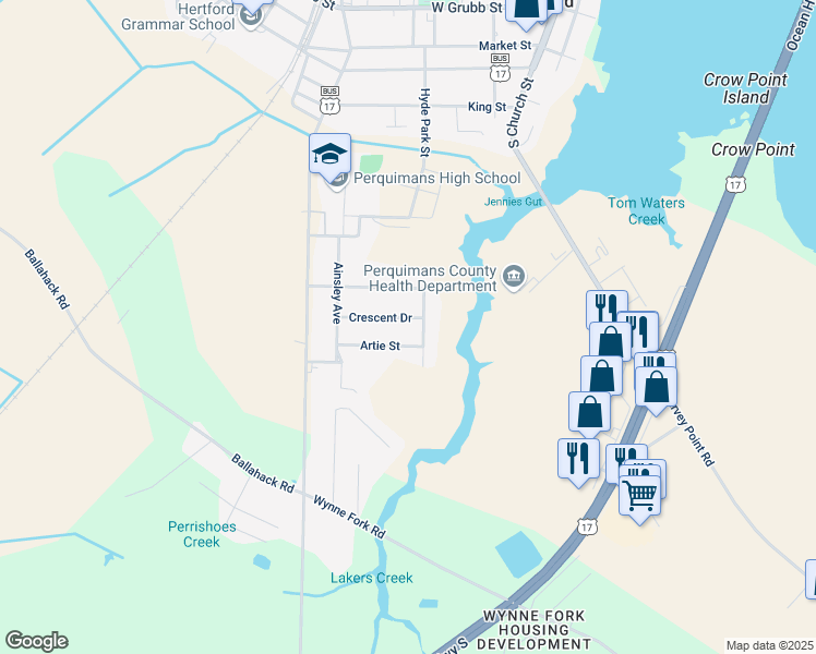 map of restaurants, bars, coffee shops, grocery stores, and more near 205 Crescent Drive in Hertford