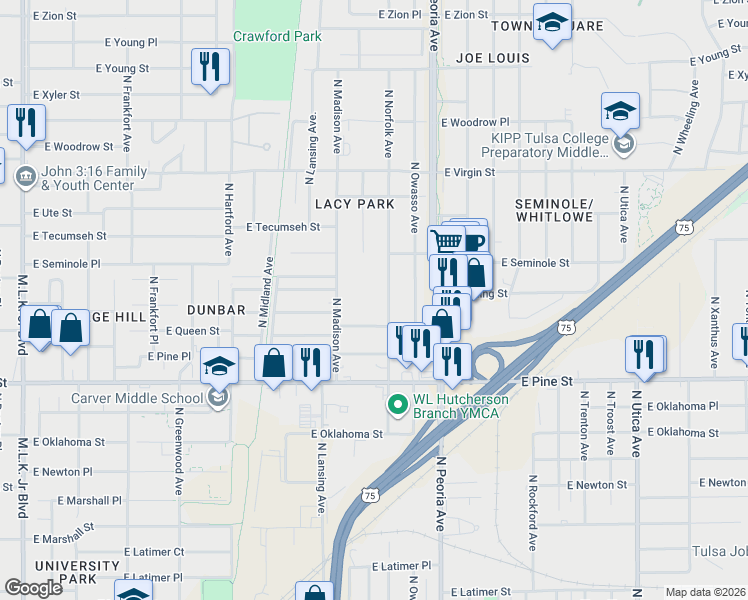map of restaurants, bars, coffee shops, grocery stores, and more near 1642 North Norfolk Avenue in Tulsa