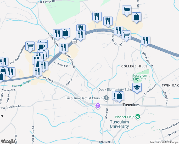map of restaurants, bars, coffee shops, grocery stores, and more near 389 Viking Place in Greeneville