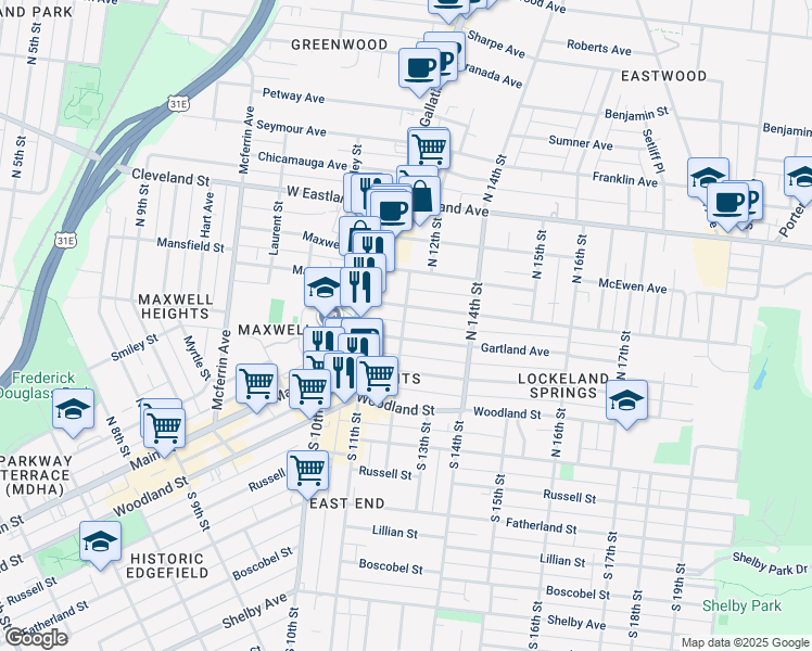 map of restaurants, bars, coffee shops, grocery stores, and more near 1201c North 12th Street in Nashville