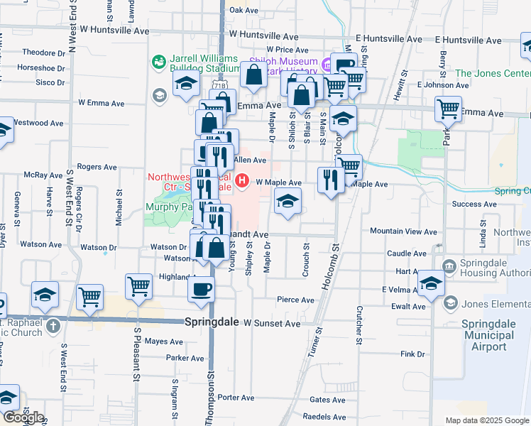 map of restaurants, bars, coffee shops, grocery stores, and more near 606 Maple Drive in Springdale