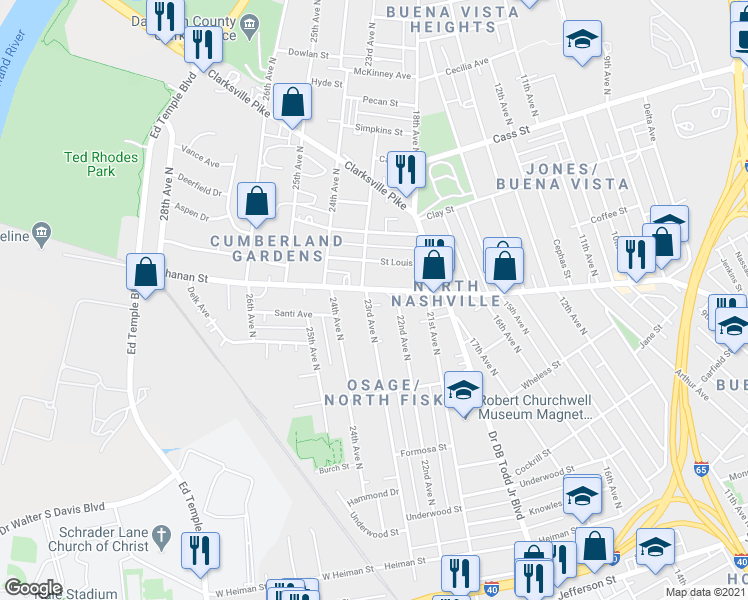 map of restaurants, bars, coffee shops, grocery stores, and more near 2209 Buchanan Street in Nashville
