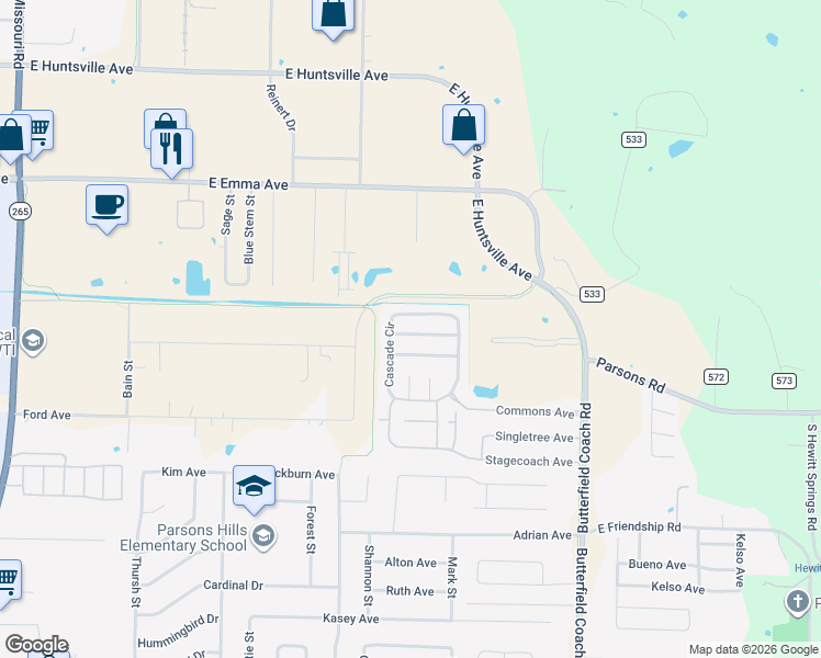 map of restaurants, bars, coffee shops, grocery stores, and more near 2673 Hampshire Avenue in Springdale