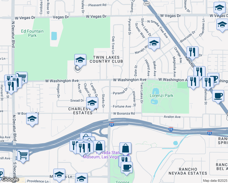 map of restaurants, bars, coffee shops, grocery stores, and more near 721 North Valley View Boulevard in Las Vegas