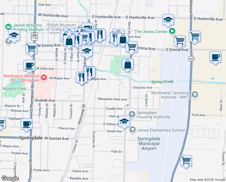 map of restaurants, bars, coffee shops, grocery stores, and more near 309 Robert Circle in Springdale