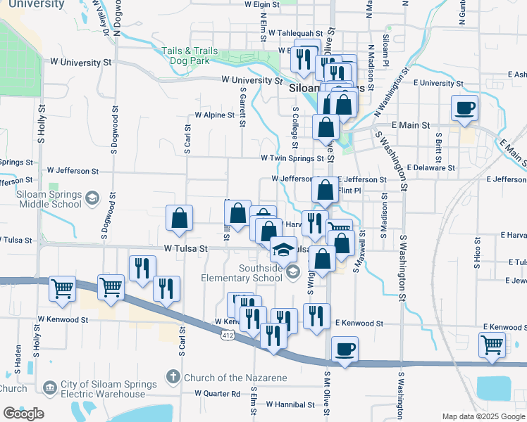 map of restaurants, bars, coffee shops, grocery stores, and more near 612 South Maple Street in Siloam Springs