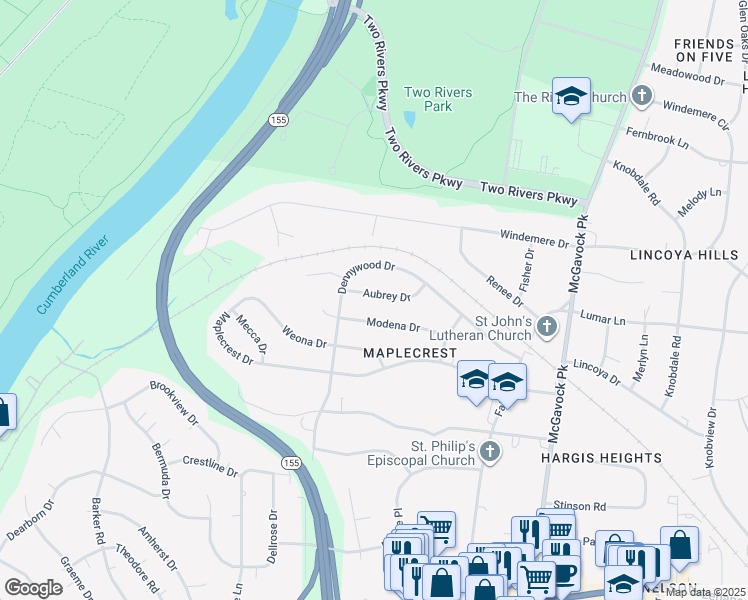 map of restaurants, bars, coffee shops, grocery stores, and more near 2309 Aubrey Drive in Nashville