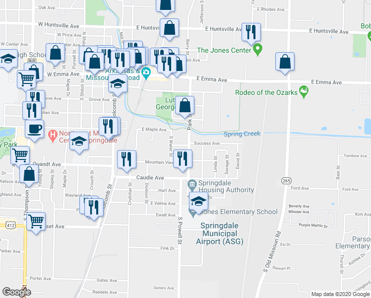 map of restaurants, bars, coffee shops, grocery stores, and more near 508 Park Street in Springdale