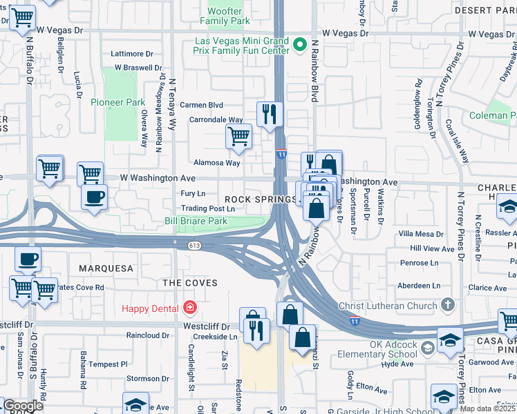 map of restaurants, bars, coffee shops, grocery stores, and more near 713 Rock Springs Drive in Las Vegas