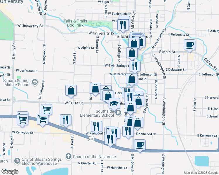 map of restaurants, bars, coffee shops, grocery stores, and more near 612 South Maple Street in Siloam Springs