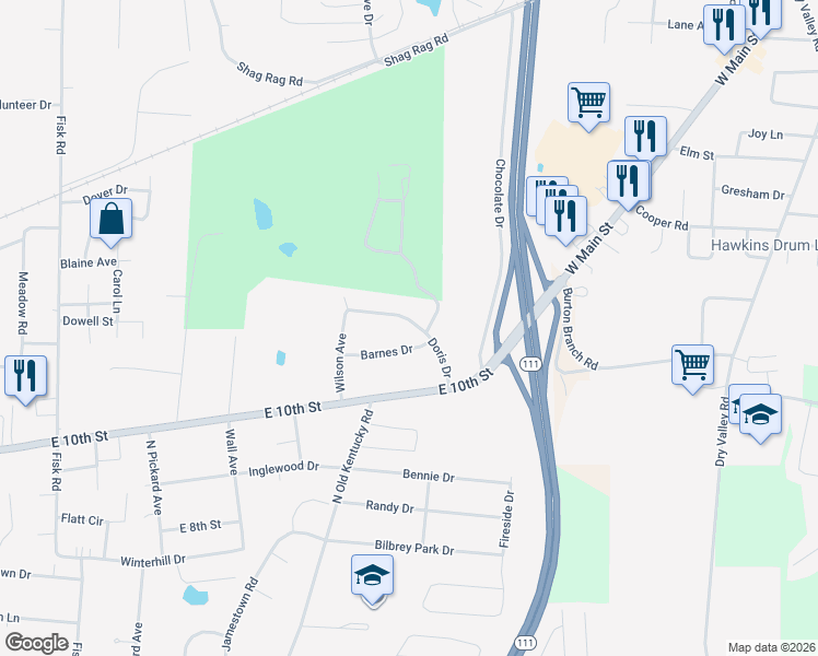 map of restaurants, bars, coffee shops, grocery stores, and more near 1545 Doris Drive in Cookeville