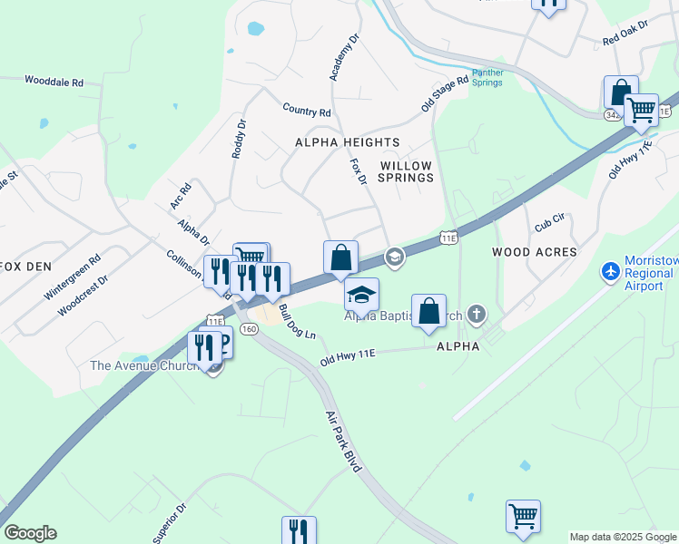 map of restaurants, bars, coffee shops, grocery stores, and more near 5718 W Andrew Johnson Hwy in Morristown