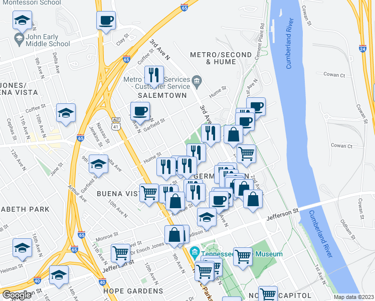 map of restaurants, bars, coffee shops, grocery stores, and more near 1550 5th Avenue North in Nashville