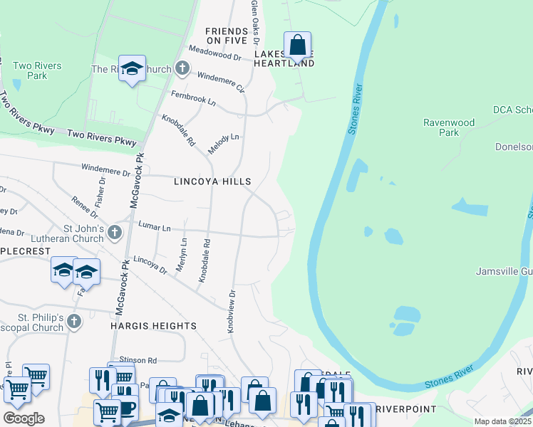 map of restaurants, bars, coffee shops, grocery stores, and more near 3125 Hunters Hill Road in Nashville