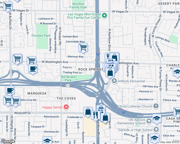 map of restaurants, bars, coffee shops, grocery stores, and more near 713 Rock Springs Drive in Las Vegas