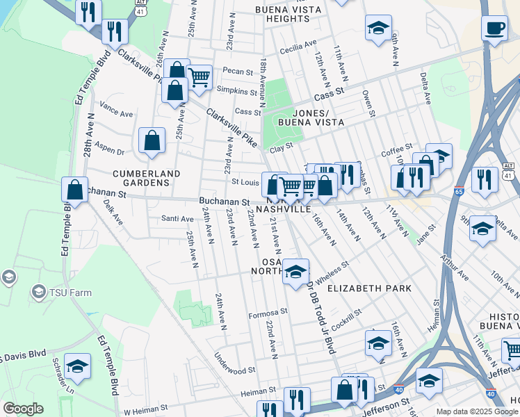 map of restaurants, bars, coffee shops, grocery stores, and more near 2107 Buchanan Street in Nashville