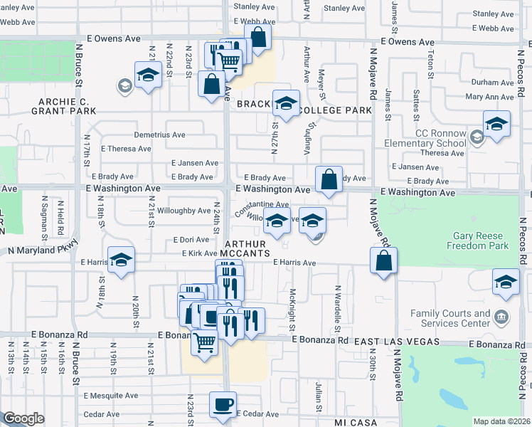 map of restaurants, bars, coffee shops, grocery stores, and more near 2701 Willoughby Avenue in Las Vegas