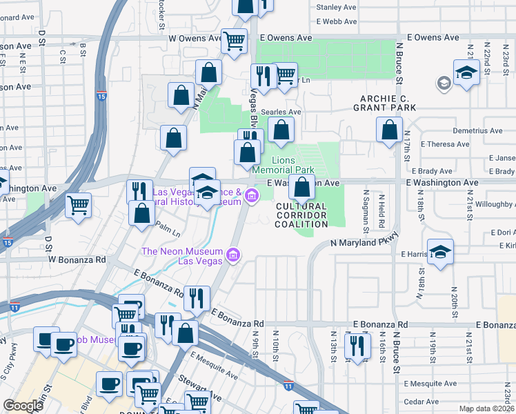 map of restaurants, bars, coffee shops, grocery stores, and more near 900 Las Vegas Boulevard North in Las Vegas