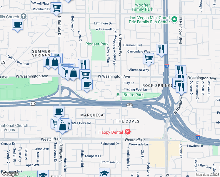 map of restaurants, bars, coffee shops, grocery stores, and more near 7337 Restful Springs Court in Las Vegas