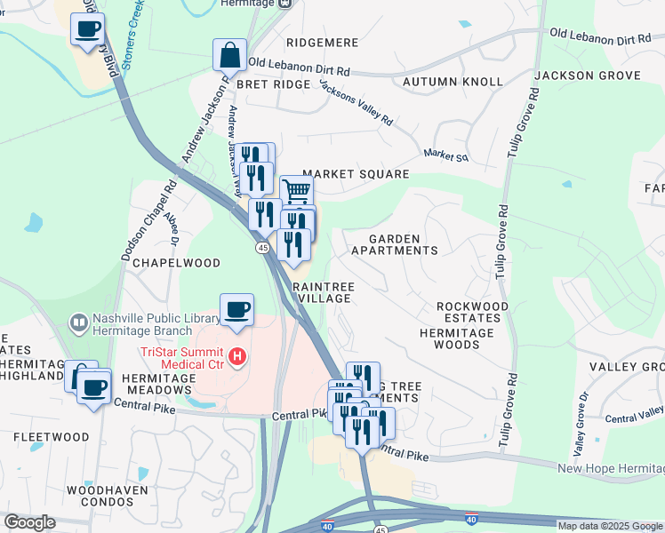 map of restaurants, bars, coffee shops, grocery stores, and more near 629 Rockwood Drive in Nashville