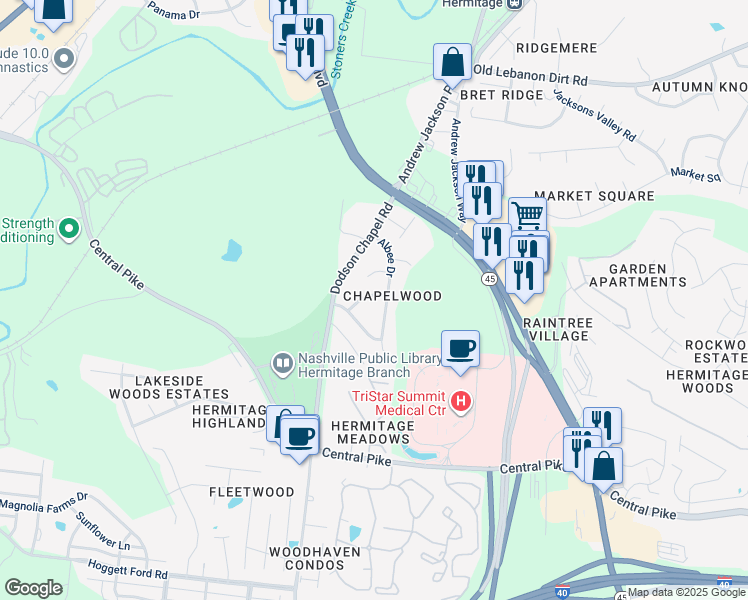 map of restaurants, bars, coffee shops, grocery stores, and more near in Nashville