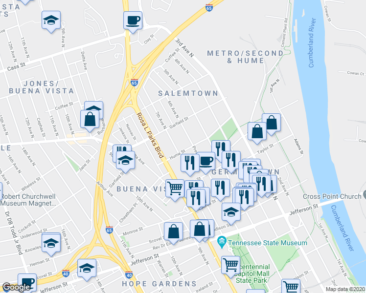 map of restaurants, bars, coffee shops, grocery stores, and more near 602C Hume Street in Nashville