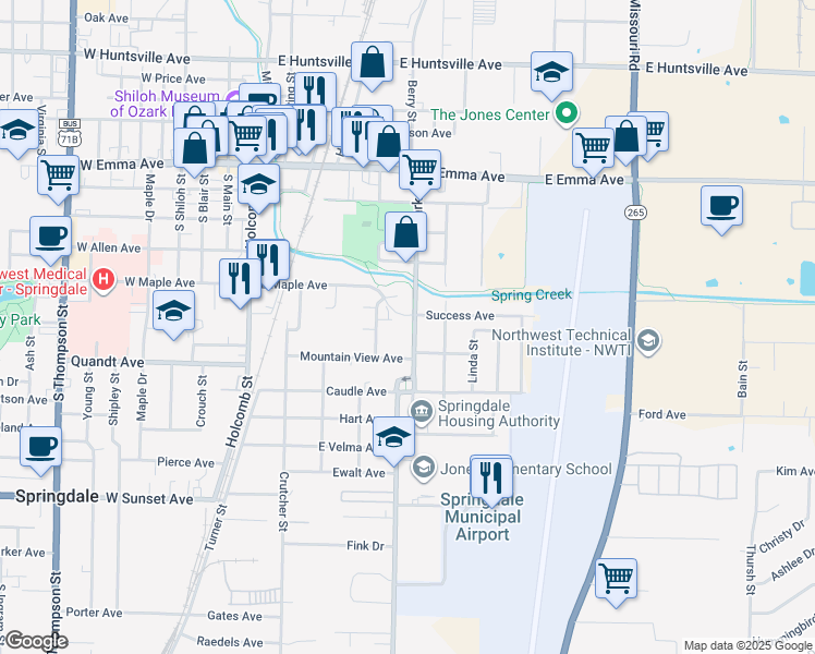 map of restaurants, bars, coffee shops, grocery stores, and more near 506 Park Street in Springdale
