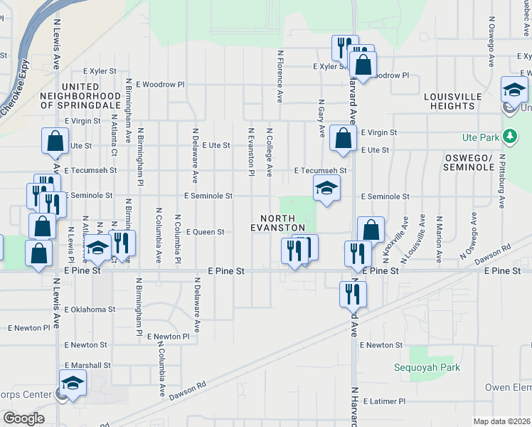 map of restaurants, bars, coffee shops, grocery stores, and more near 1631 North Evanston Place in Tulsa