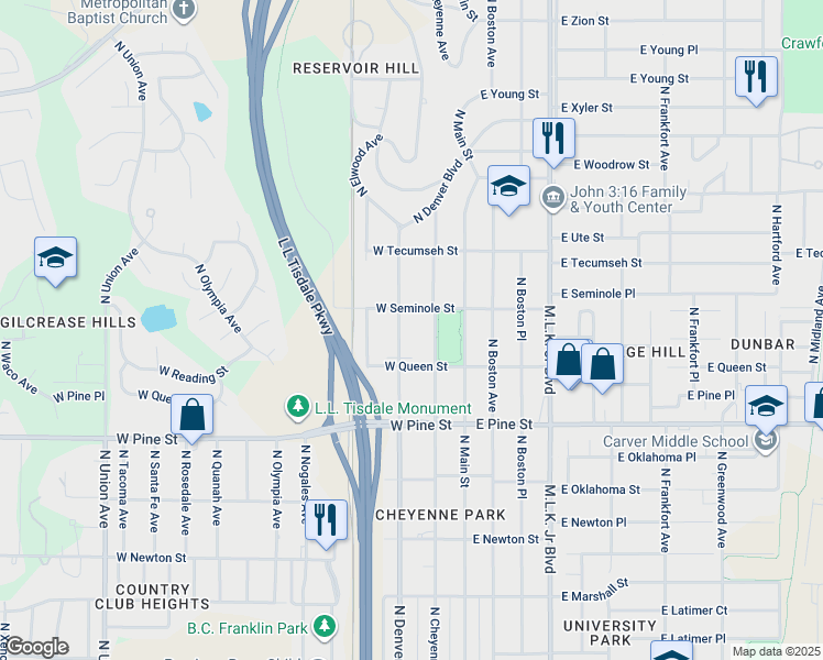 map of restaurants, bars, coffee shops, grocery stores, and more near 1636 North Cheyenne Avenue in Tulsa
