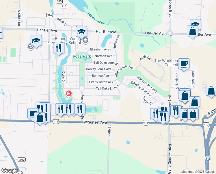 map of restaurants, bars, coffee shops, grocery stores, and more near 6432 Tall Oaks Loop South in Springdale