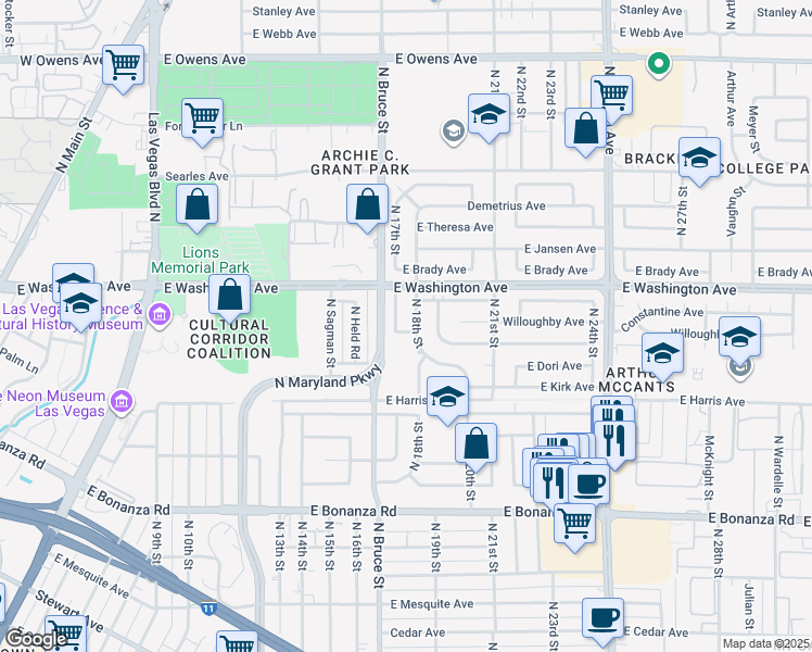 map of restaurants, bars, coffee shops, grocery stores, and more near 1705 Leslie Avenue in Las Vegas