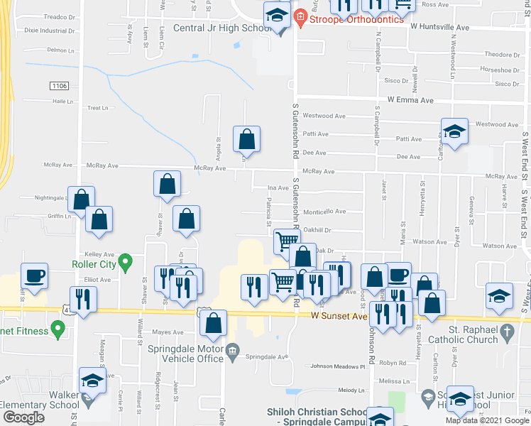 map of restaurants, bars, coffee shops, grocery stores, and more near 2303 Wilkins Private Drive in Springdale