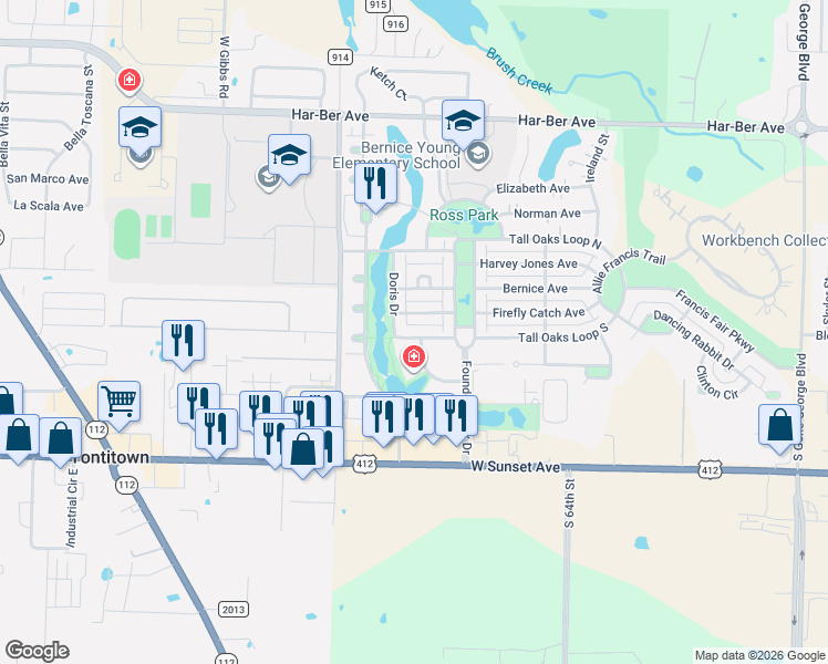 map of restaurants, bars, coffee shops, grocery stores, and more near 6942 Young Farm Avenue in Springdale