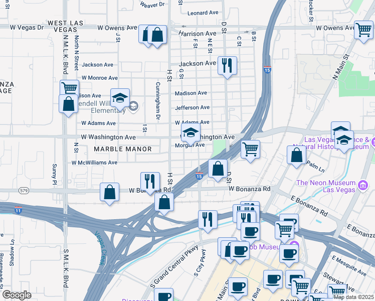 map of restaurants, bars, coffee shops, grocery stores, and more near 810 G Street in Las Vegas