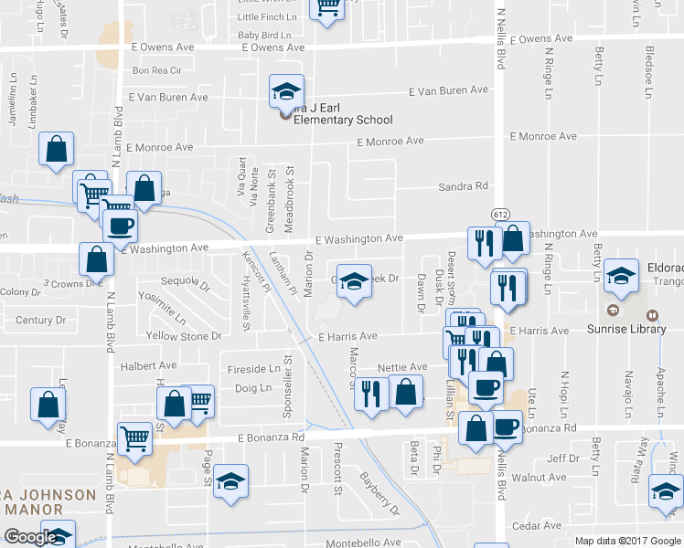 map of restaurants, bars, coffee shops, grocery stores, and more near 4724 Greencreek Drive in Las Vegas