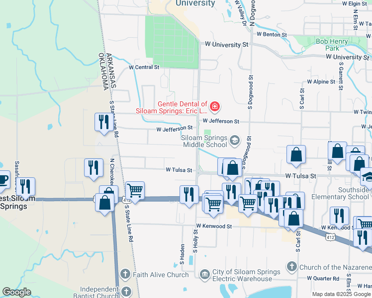 map of restaurants, bars, coffee shops, grocery stores, and more near 1814 West Granite Street in Siloam Springs