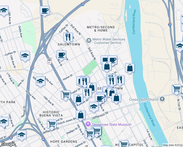 map of restaurants, bars, coffee shops, grocery stores, and more near 1505 4th Avenue North in Nashville