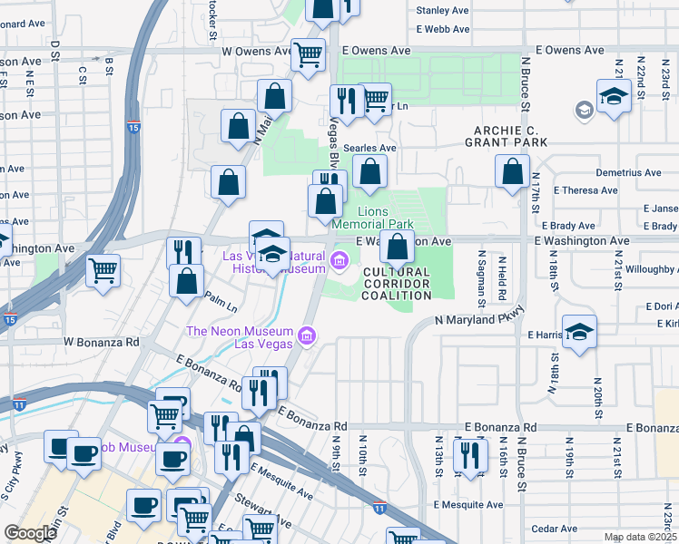 map of restaurants, bars, coffee shops, grocery stores, and more near 900 North Las Vegas Boulevard in Las Vegas