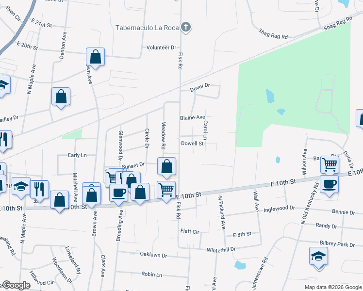 map of restaurants, bars, coffee shops, grocery stores, and more near 1005 Dowell Street in Cookeville