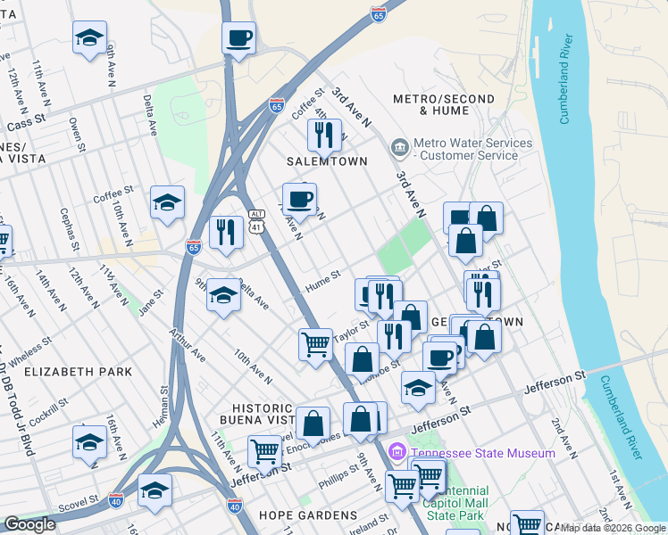 map of restaurants, bars, coffee shops, grocery stores, and more near 602C Hume Street in Nashville